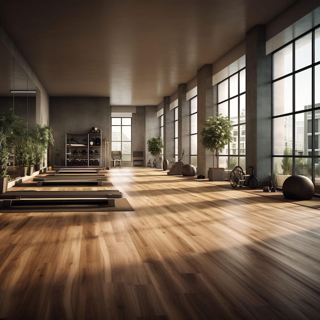 a room with a wooden floor and a planter with a plant in the center