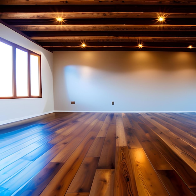 A room with a wooden floor and a row of lights on the ceiling