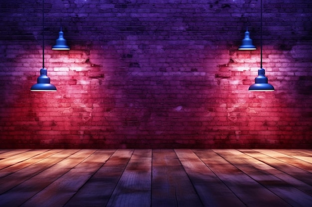 A room with a wooden floor and three blue lamps on it.