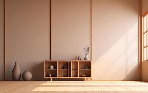 A room with a wooden shelf and a vase of flowers on the wall