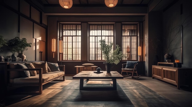 A room with a wooden table and a lamp on it