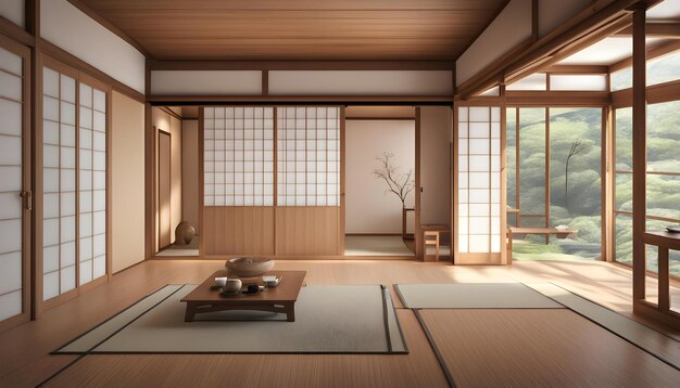 Photo a room with a wooden table and a pot of tea and a tree