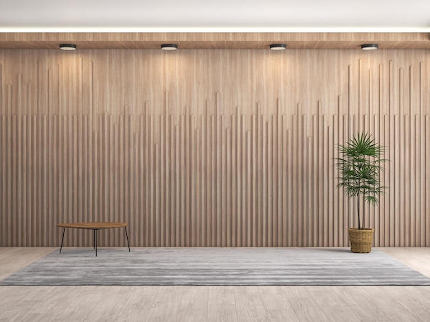 A room with a wooden wall and a plant in the middle.