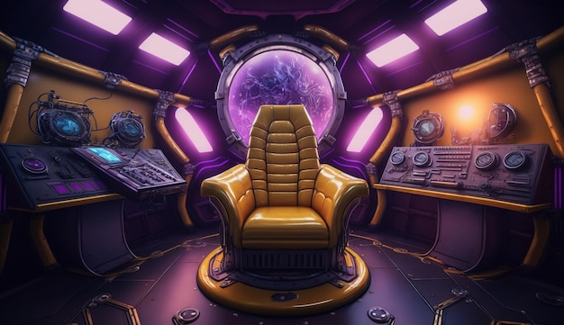 A room with a yellow chair and a purple and purple background.