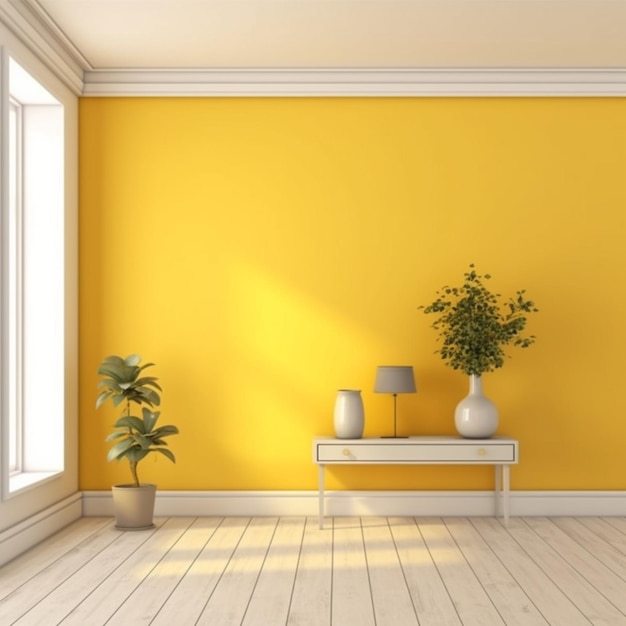 A room with a yellow wall and a plant on the table