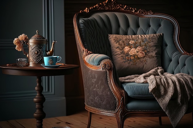 The rooms interior features an antique chair a gray cozy blanket and a mug of hot beverage