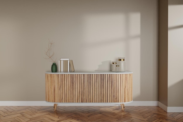 3 d レンダリング デザインの家具レイアウトのないボラード木製寄木細工の床の空白の壁のアパートの部屋の部屋