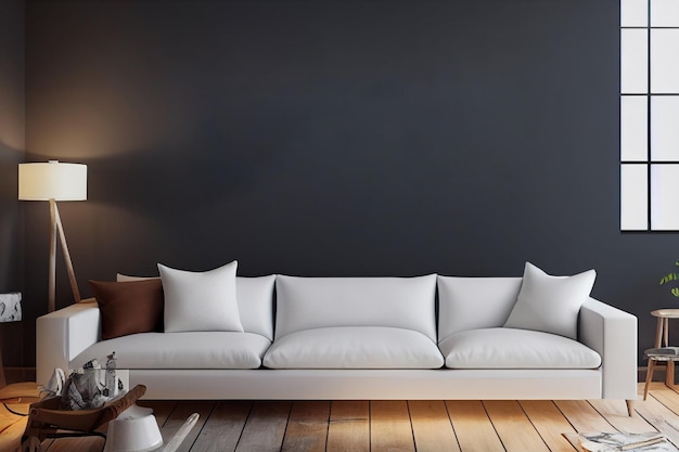 木製の寄せ木細工の床の白いソファのある部屋暗い灰色の壁のアパートの部屋家具なし