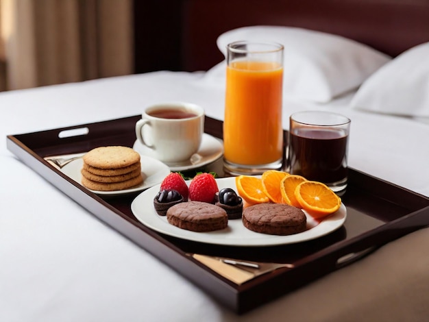 Roomservice tray in het hotel voor ontbijtkoekjes jam chocolade mousse sinaasappel fruit thee