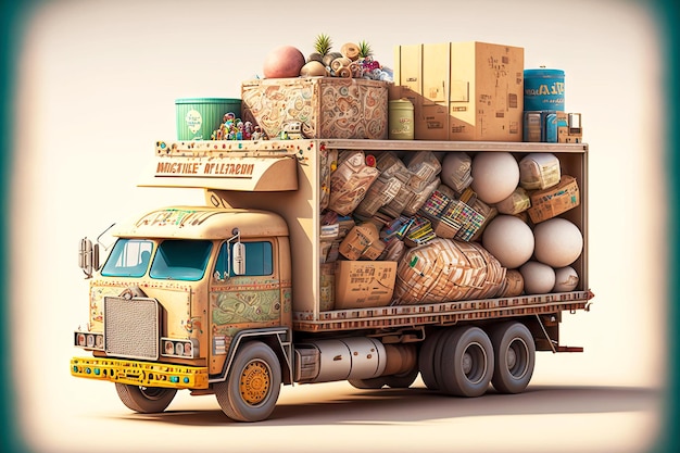 Roomy cargo truck loaded with boxes with different goods