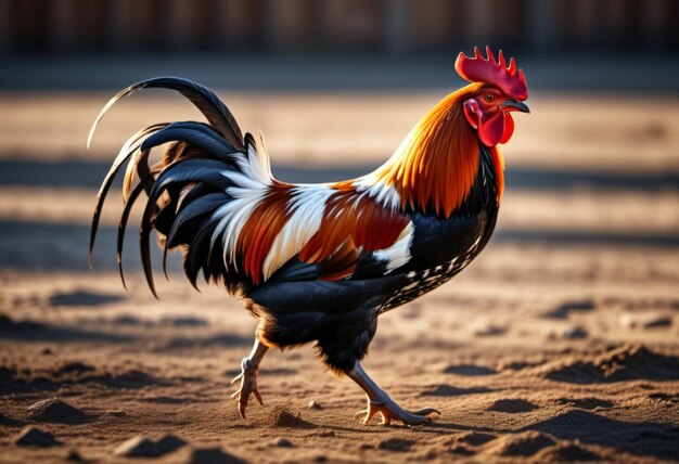 Photo a rooster crawls on the ground looking for food