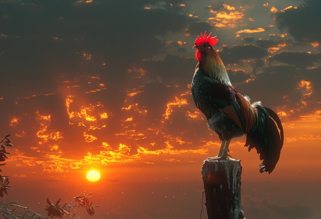 Rooster crowing on pole at sunrise