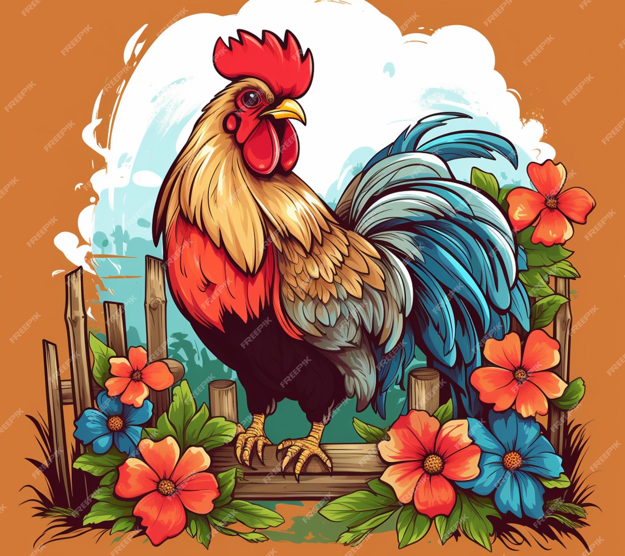 Premium AI Image | rooster on a fence with flowers and leaves generative ai