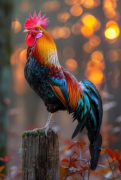 Rooster or Fighting cock in the morning with bokeh lights