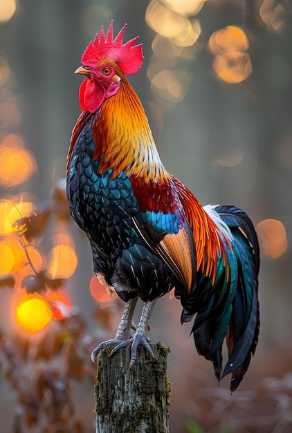 Rooster or Fighting cock on stump in the forest