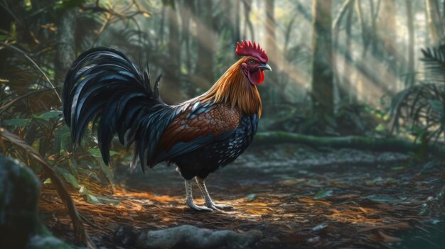 A rooster in the forest with the sun shining on it.