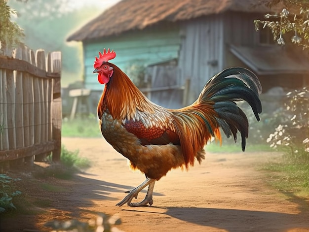 A rooster in front of a barn