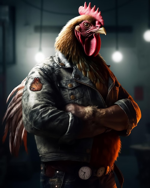 A rooster Gang member in muscles wearing a leather jacket and a watch