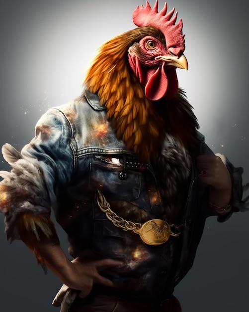 A rooster Gang member in muscles wearing a leather jacket and a watch