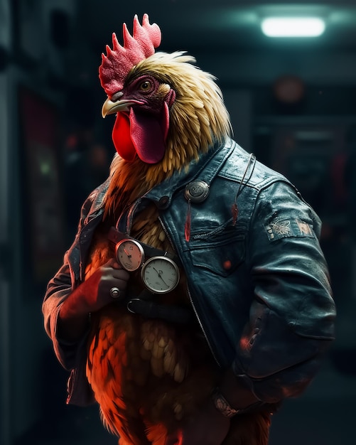 A rooster Gang member in muscles wearing a leather jacket and a watch