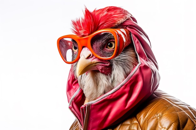 Foto testa di gallo che indossa occhiali da sole sul corpo umano di un uomo che indossa abiti da inverno su sfondo bianco ai generativa