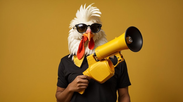 Photo a rooster is holding a megaphone in luxurious clothes and a yellow background generative ai