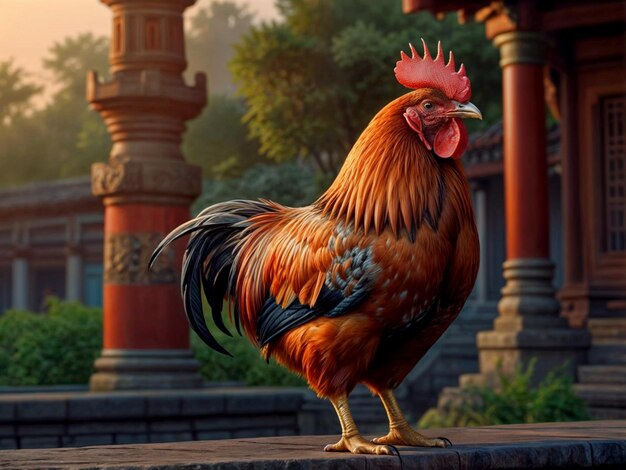 a rooster is standing on a ledge with a picture of a rooster