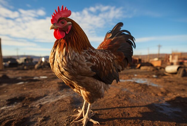 rooster looking for food in the morning