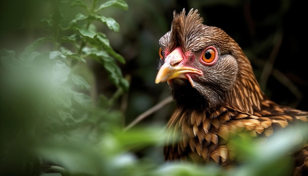 Rooster perched on branch eyeing the grass generated by AI