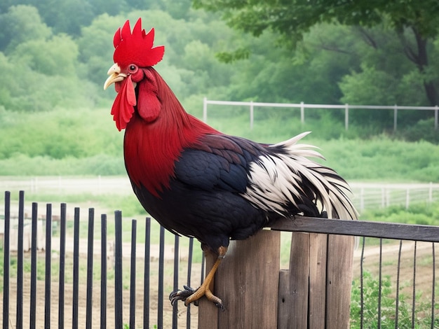 rooster perched on a fence at a farm