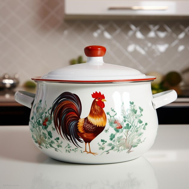 Photo a rooster pot with a picture of a rooster on it