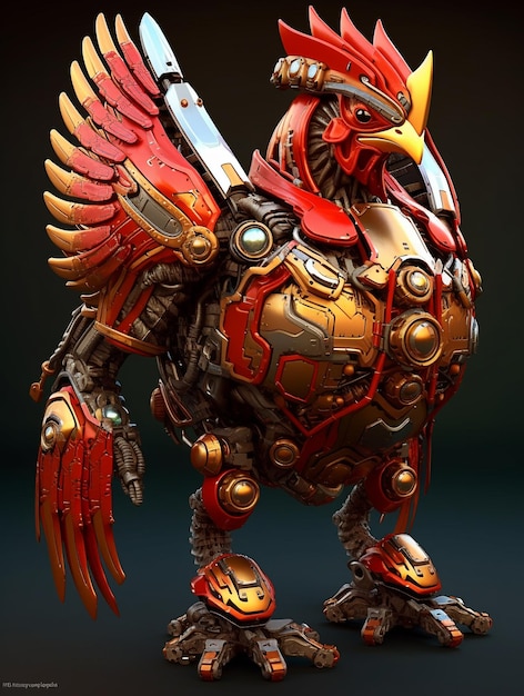 Rooster robot with metal material 3d render