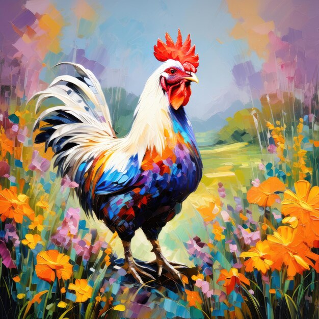 Photo a rooster in rural area art painting