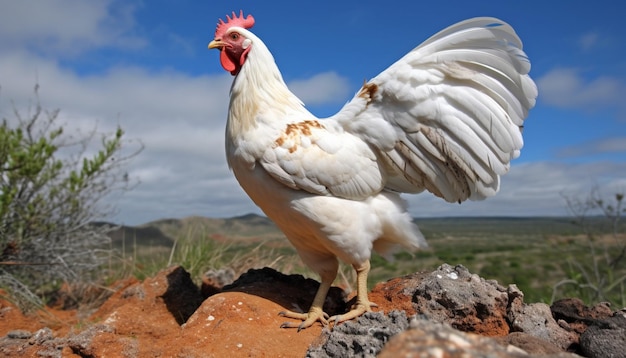 Rooster staat trots in vrije weideweiden gegenereerd door AI