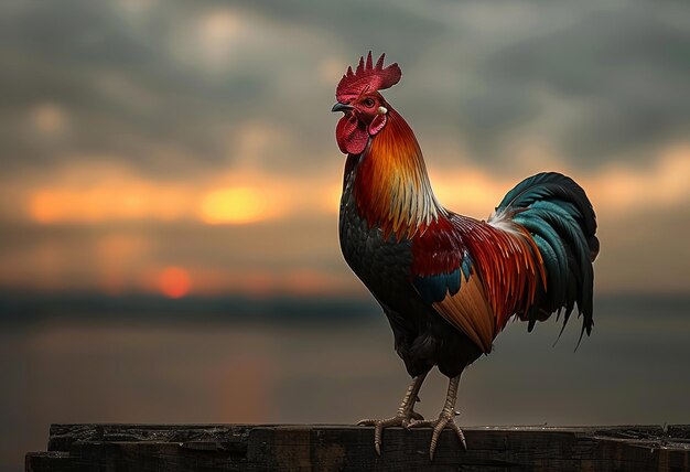 Rooster standing on fence at sunset