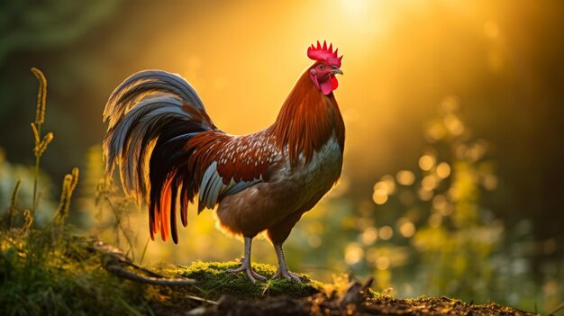 A rooster standing in a field