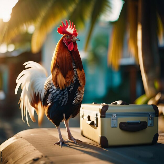 a rooster standing next to a piece of luggage