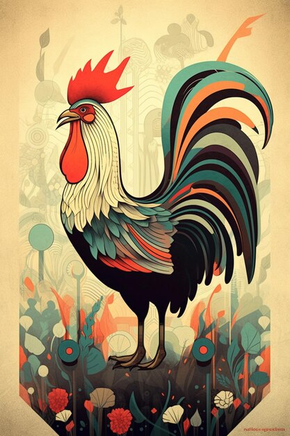 Rooster standing on a rock in a field of flowers generative ai