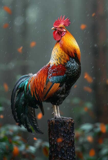 Rooster standing on stump in the rain