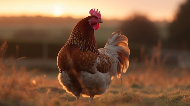 A rooster stands in a field at sunset