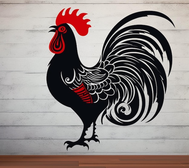 rooster stencut on a white wall with a wooden floor generative ai