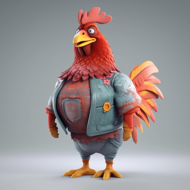 A rooster wearing a jacket that says'chicken'on it