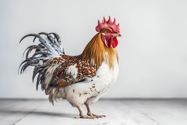 Rooster on white wooden background ai