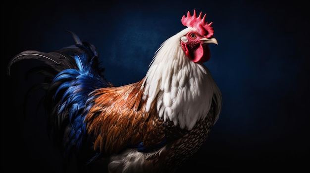 A rooster with a blue background and red feathers