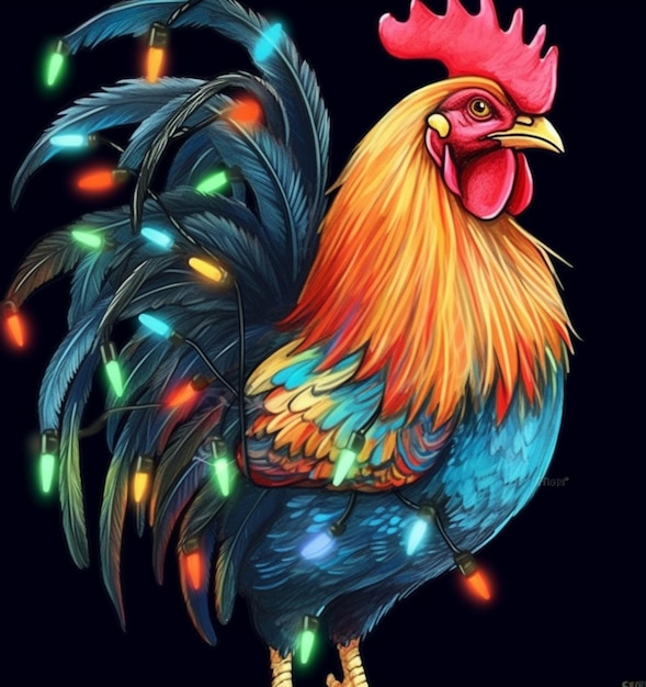 rooster with christmas lights on its head generative ai