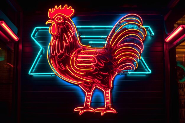 Photo rooster with neon lighting year of the rooster food establishment