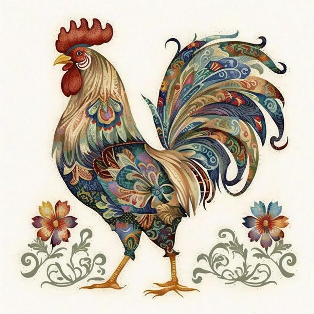 Photo rooster with ornate design on white background with flowers and vines generative ai