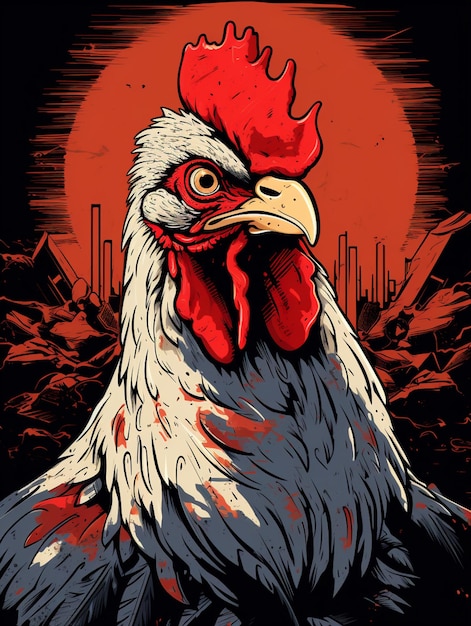 rooster with red beak and red eyes in front of a city generative ai