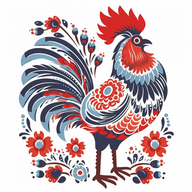 Photo rooster with red and blue flowers in a floral frame generative ai