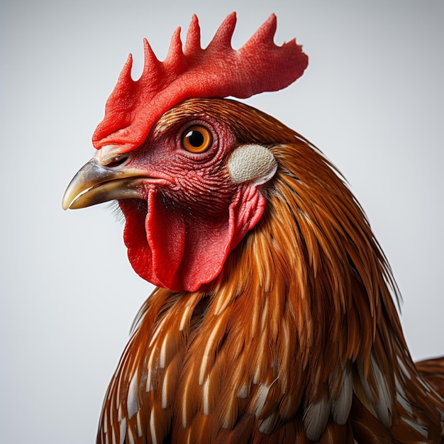 a rooster with a red comb on its head